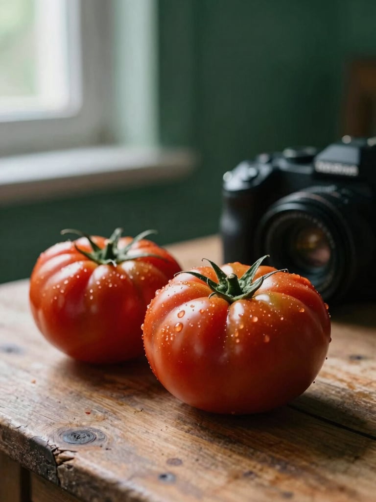 Close-up shot of a professional camera focusing on fresh heirloom tomatoes on a rustic wooden table, soft window light, deep forest green background