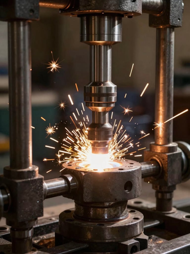 Macro detail shot of high-precision industrial pipe welding on-site in Oman, bright sparks, dark background, sharp focus, 35mm lens