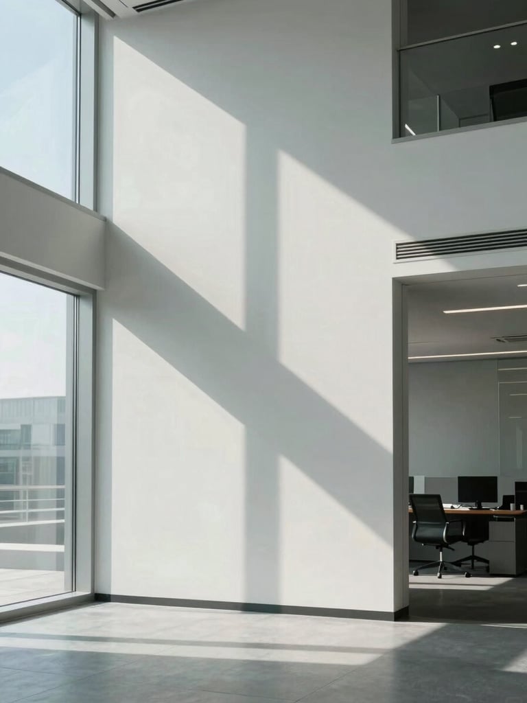 Structured modern office interior with clean architectural lines, cool daylight, sharp shadows, minimal aesthetic.