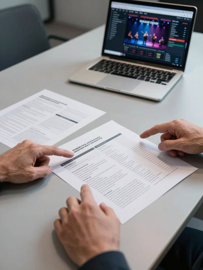 Tight shot of two hands pointing at a printed campaign brief spread across a minimal conference table, a laptop open to a performance dashboard glowing in the background, cool studio lighting, sharp focus on the documents