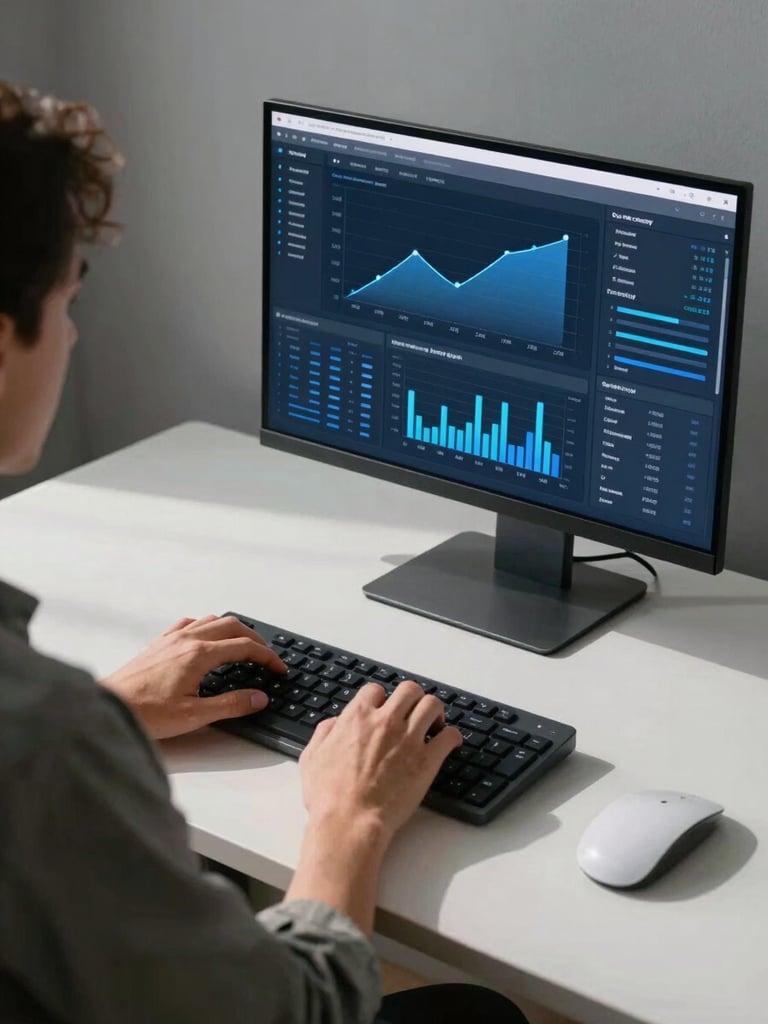 Medium shot from behind a creator seated at a clean minimal desk, hands hovering over a keyboard, a large monitor displaying a data analytics dashboard with cool blue graphs, soft studio lighting from the left casting clean shadows across the matte desk surface