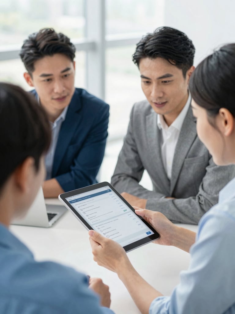 A medium close-up of a professional team collaborating in a bright, modern office space, interacting with a tablet showing a clean digital transaction interface, high-key commercial photography, natural daylight, vibrant blue accents, 35mm