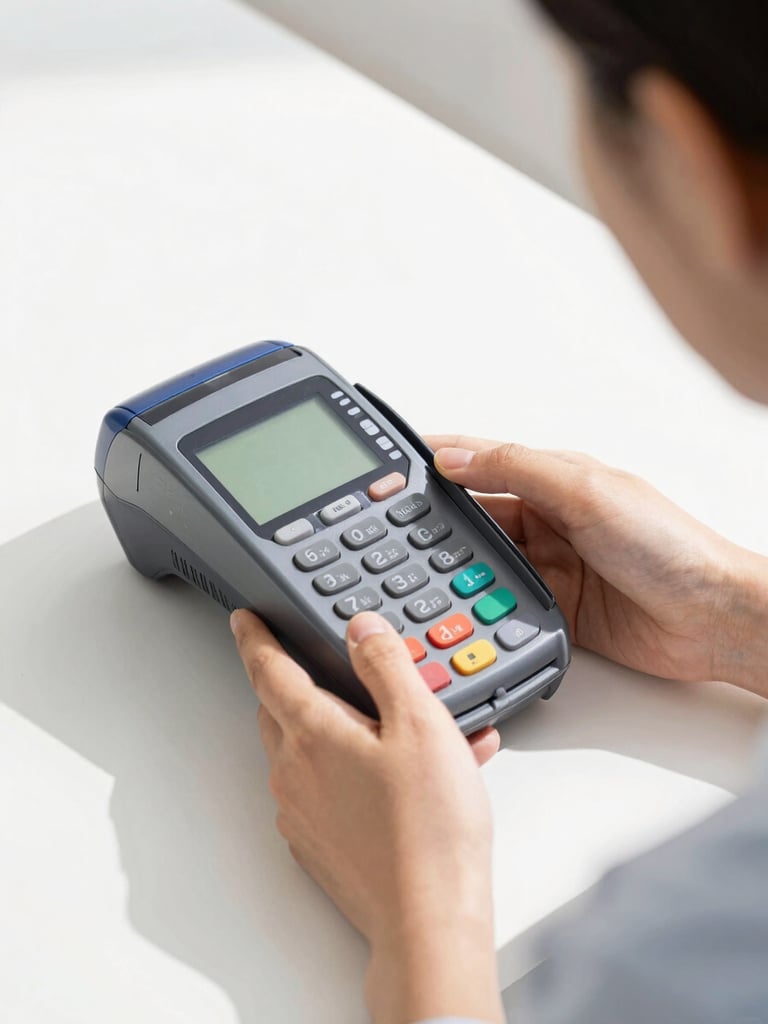 A close-up of a business owner using a modern payment terminal, bright natural daylight, clean white background, sharp focus, 35mm