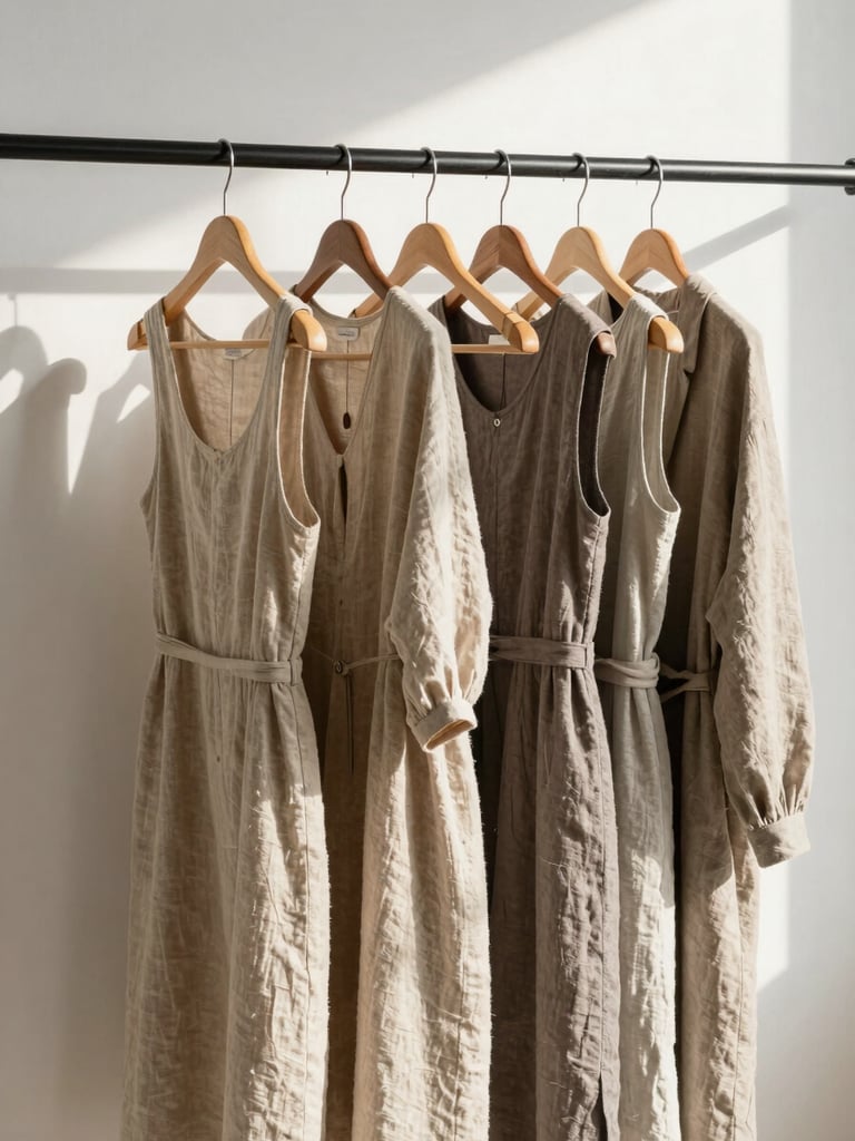 A minimalist clothing rack holding a curated selection of neutral-toned linen dresses in sand and taupe, soft daylight casting gentle shadows on a white wall.