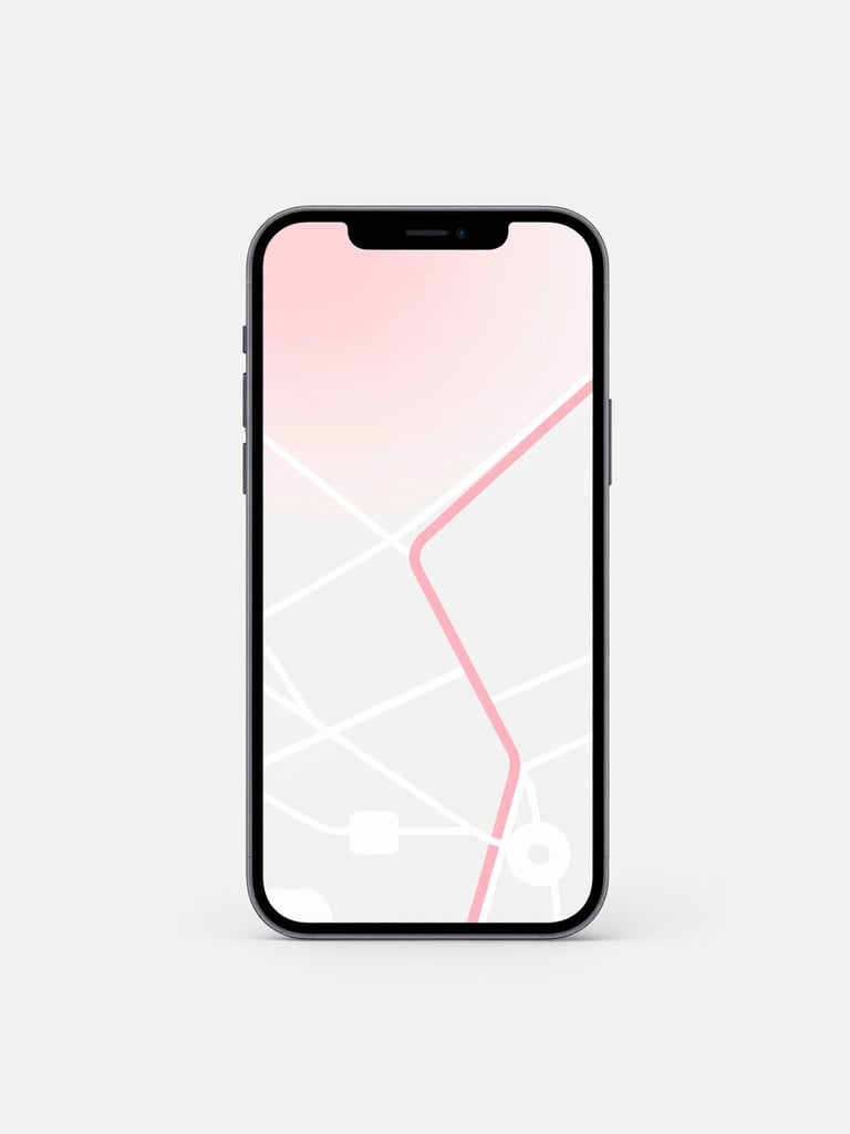 A minimalist tech 3D render of a glowing smartphone displaying a clean delivery route map, soft pink gradient accents, clean white background, studio lighting, premium corporate aesthetic