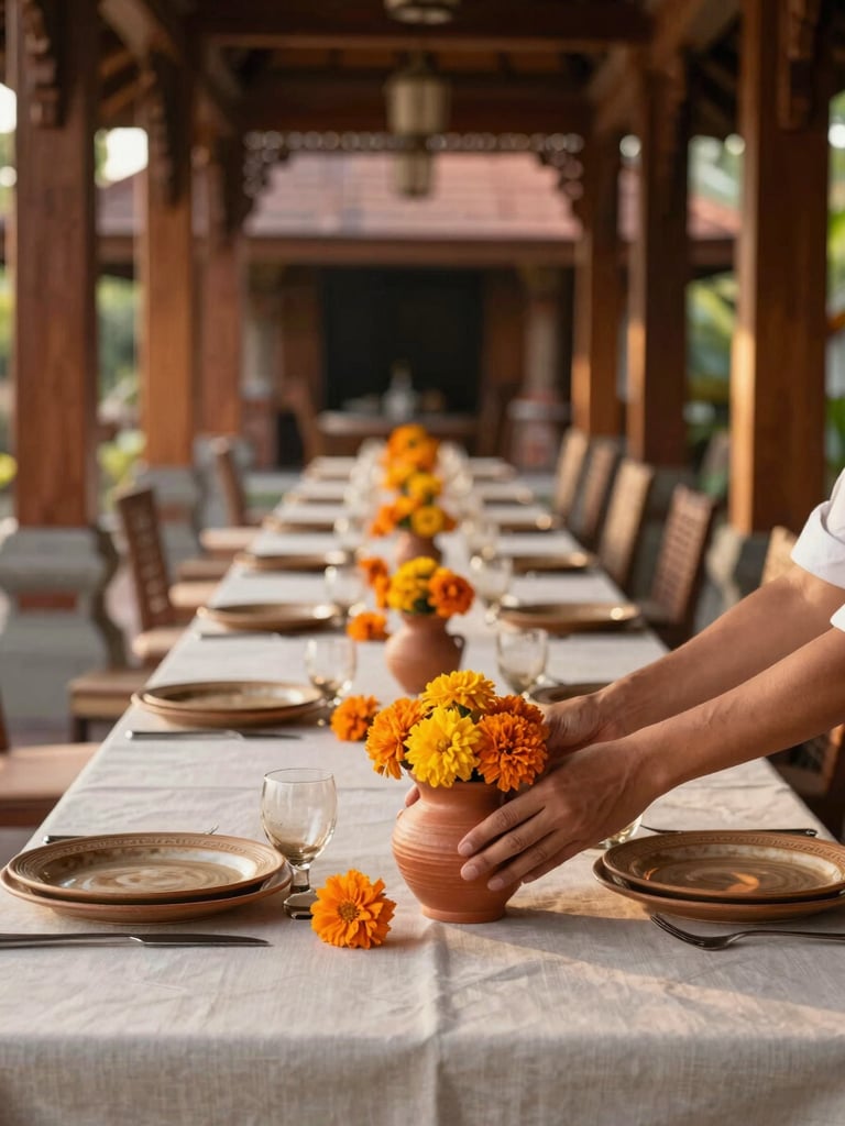 Close view of a long reception table set in an open Balinese pavilion, hands placing a small terracotta vessel of marigolds, warm late-afternoon light filtering through carved wooden columns, linen and ceramic in quiet earthy tones