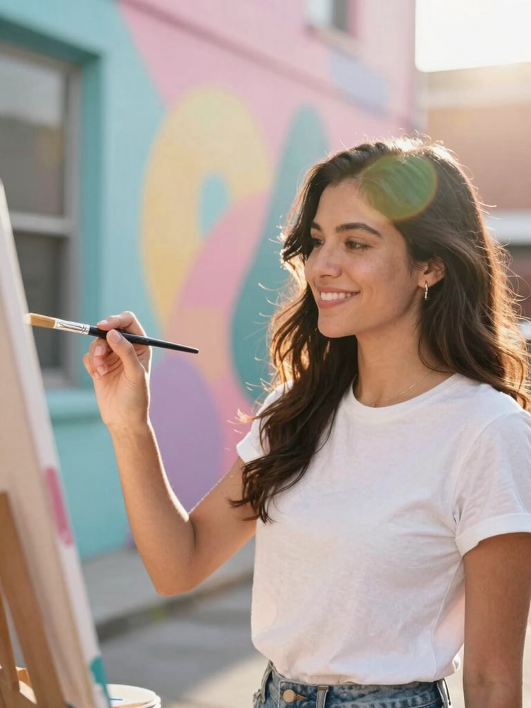 Medium shot of a smiling Latina artist holding a paintbrush in a colorful Chicago alleyway, bright morning sunlight, warm pastel mural in the background, shallow depth of field