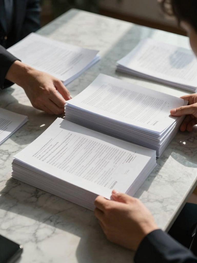 Wide panoramic view of hands organizing a thick file of official documents on a marble desk, soft morning sunlight casting long shadows.