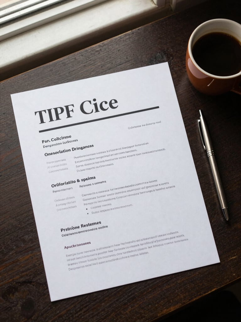 Top-down view of a neatly organized desk with a printed CV in elegant typography, a pen, and a warm cup of coffee under natural window light.