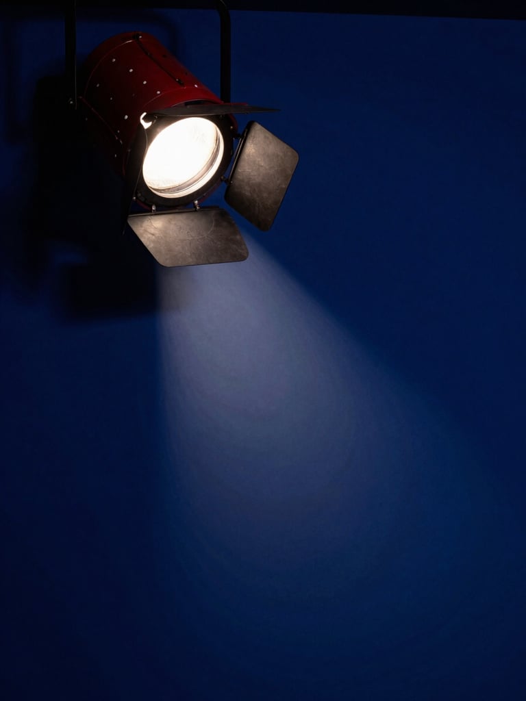 High-contrast studio photography of a vintage theater marquee spotlight casting a sharp beam of light against a dark blue background, bold shadows, graphic composition.