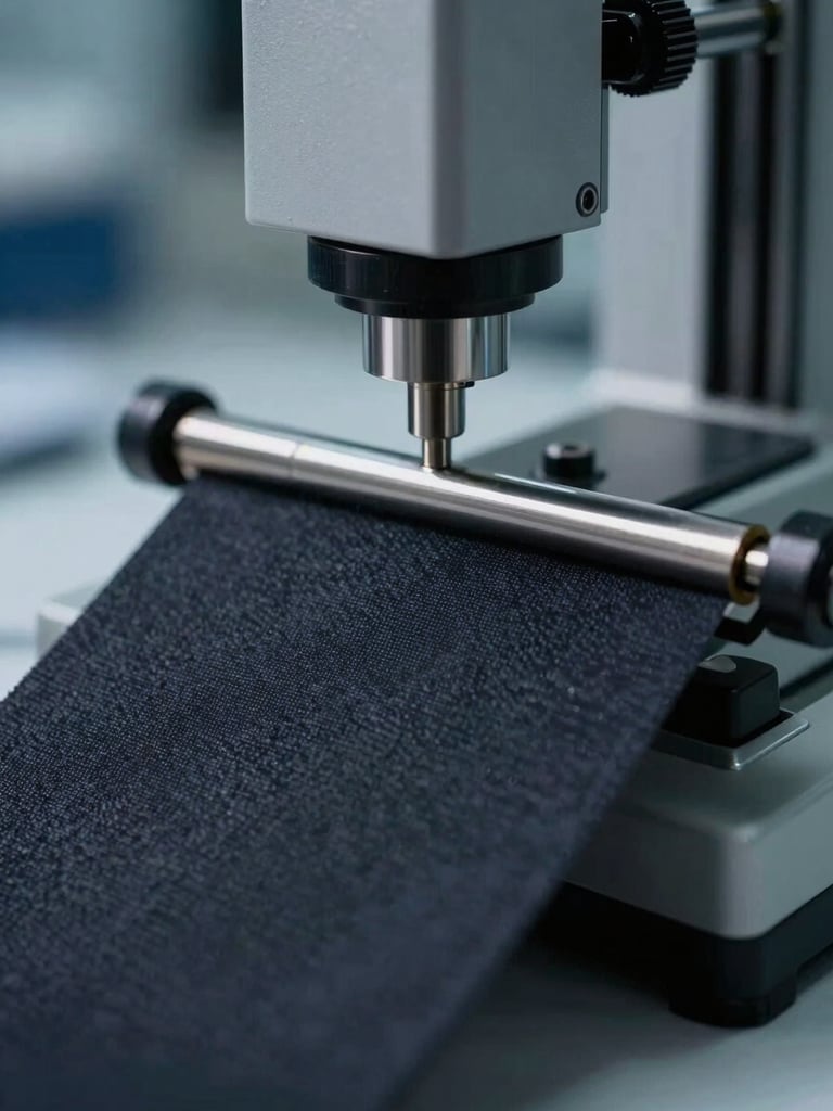 Macro close-up of a digital tensile strength tester pulling a dark technical fabric sample under cool laboratory light.