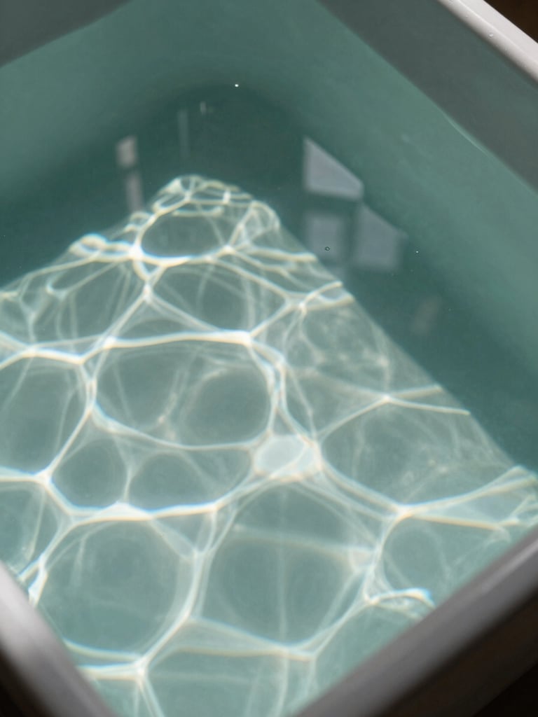 Overhead study of crystal-clear water surface in a closed aquaponic tank, geometric light refraction patterns, still and controlled environment, soft north-facing daylight, no fish visible, architectural framing