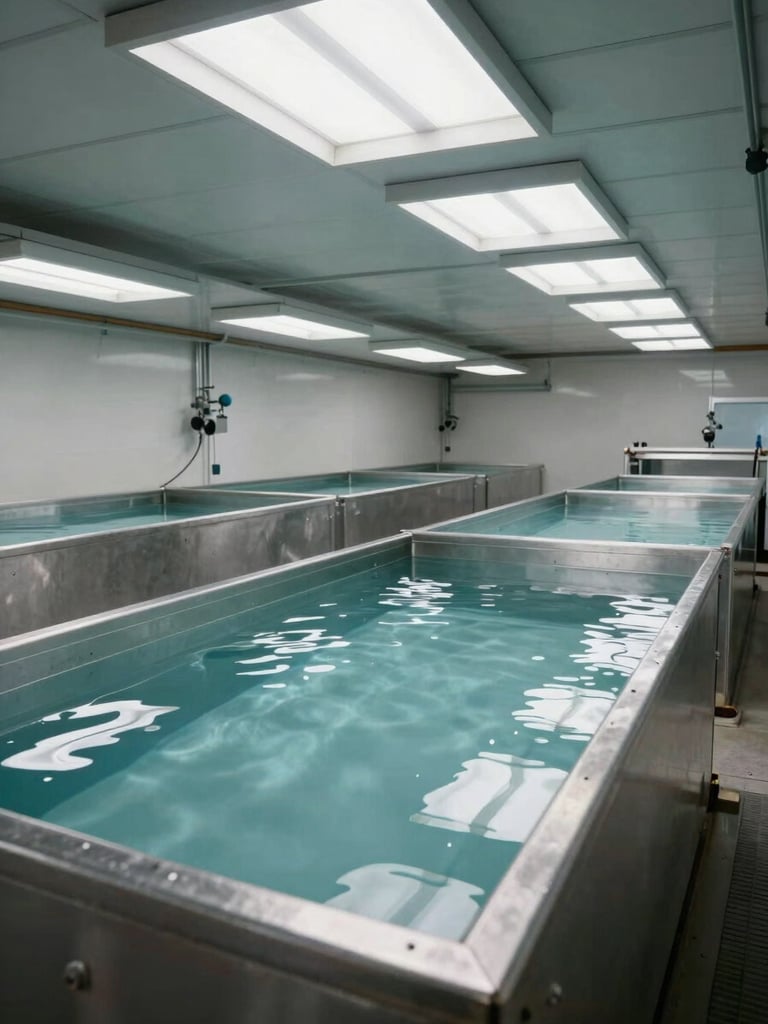 Wide environmental shot of an empty closed-circuit aquaponic production space, long rectangular steel tanks filled with clear water, overhead fluorescent daylight from north-facing skylights, industrial precision with no staff present, slate floor, metallic reflections on water surface