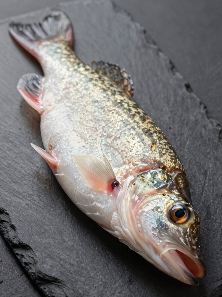 Overhead macro view of raw pike-perch fillet on a dark slate surface, soft north-facing studio light revealing firm white flesh texture and fine grain, no garnish, no hands, pure product study