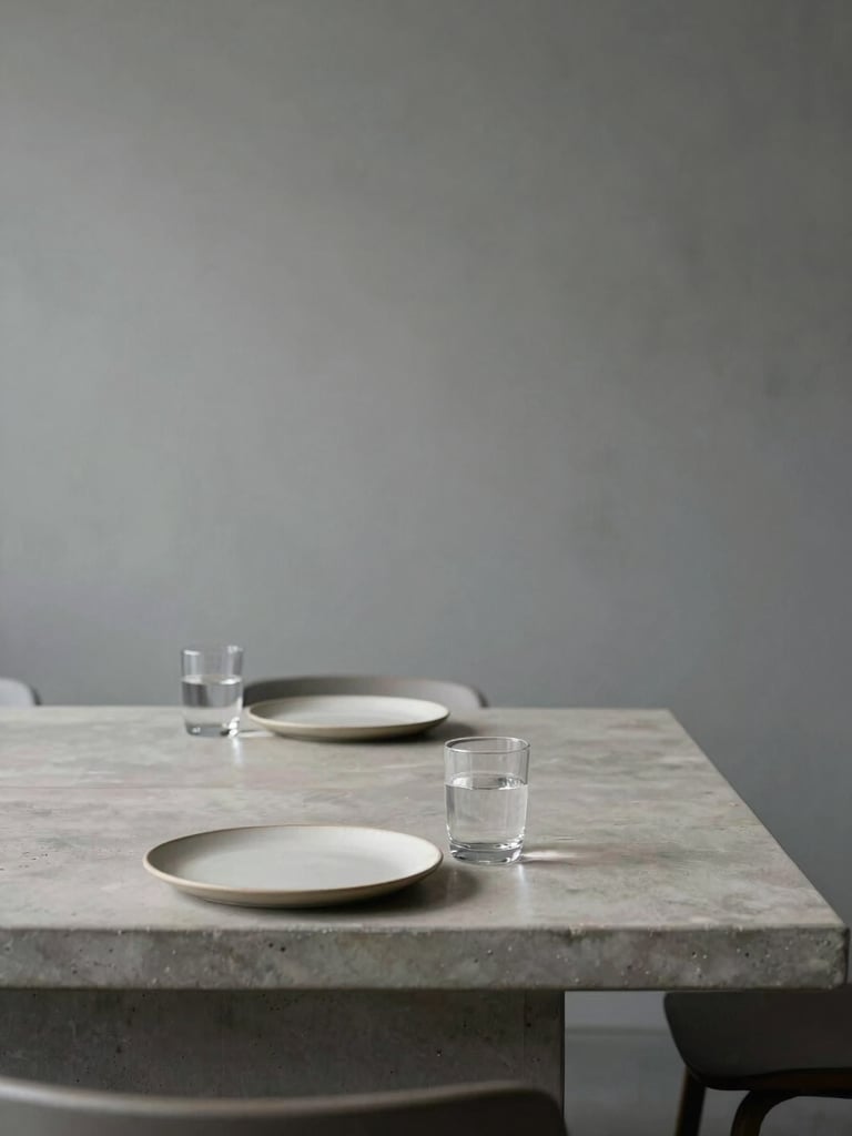 Empty minimalist tasting room, long pale concrete table with two ceramic plates and a glass of water, no people, soft north-facing diffuse light, slate-grey wall background