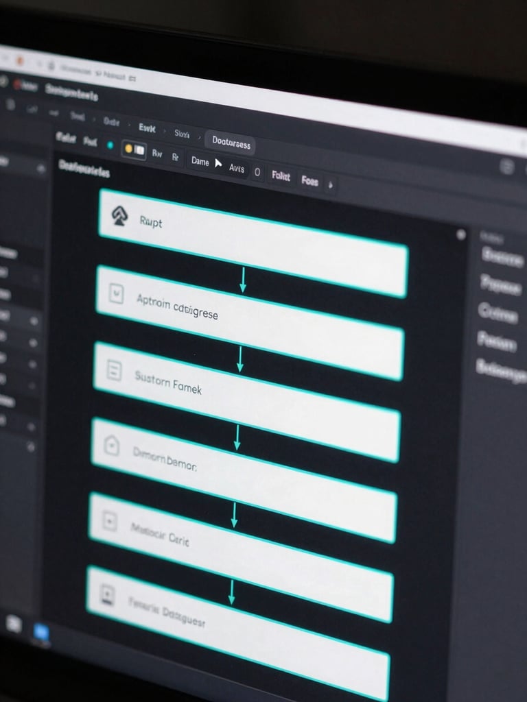 Sleek technical software diagram showing clean database structure and Revit ribbon wireframe, dark mode UI glow, sharp neon cyan lines, high contrast