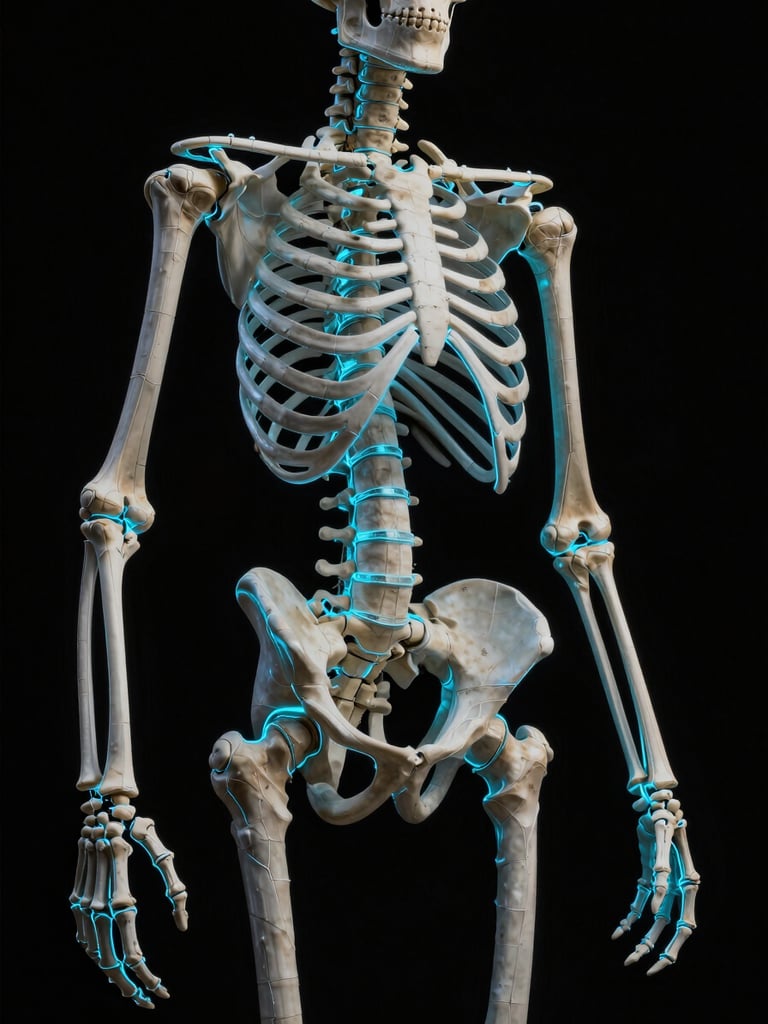 Close-up viewport crop of a creature rig skeleton in T-pose against deep black, cyan-blue rim light tracing the joint chain along the spine and limbs, wireframe overlay visible on skin mesh, dark volumetric studio space