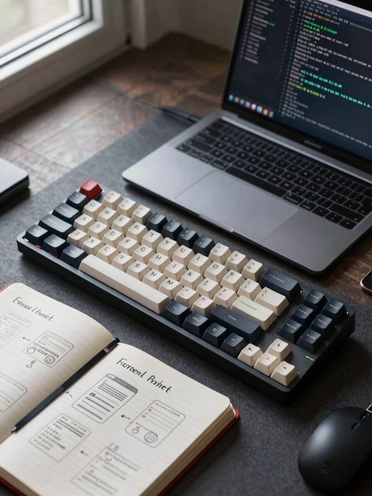 Close-up overhead flat-lay of a developer's desk — mechanical keyboard, open laptop showing Android build output terminal, a physical notebook with handwritten UI sketches, desk ambient light from a side window, clean studio setting, no color grading, interface colors preserved