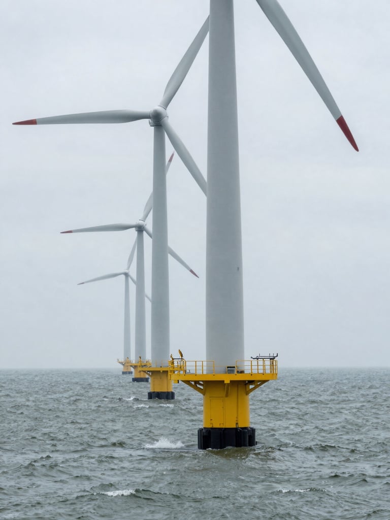 Close-up wide shot of offshore wind turbine bases rising from grey-green sea water, turbine towers filling the left half of the frame, natural overcast daylight giving cool even illumination, spray visible at the base, scale emphasised by the compressed perspective