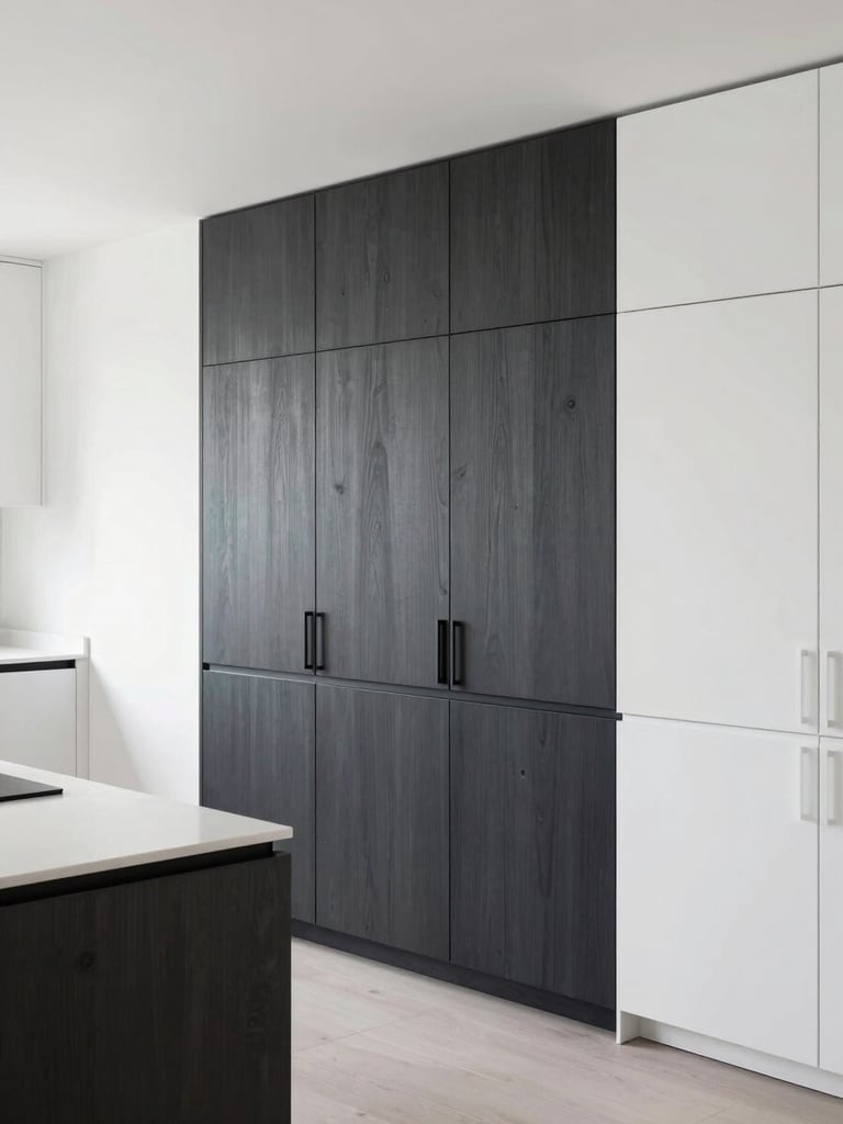 Bright architectural portrait of high-end custom-built wooden cabinetry in a modern kitchen, seamless joints, elegant minimalist hardware, soft natural daylight, clean lines.