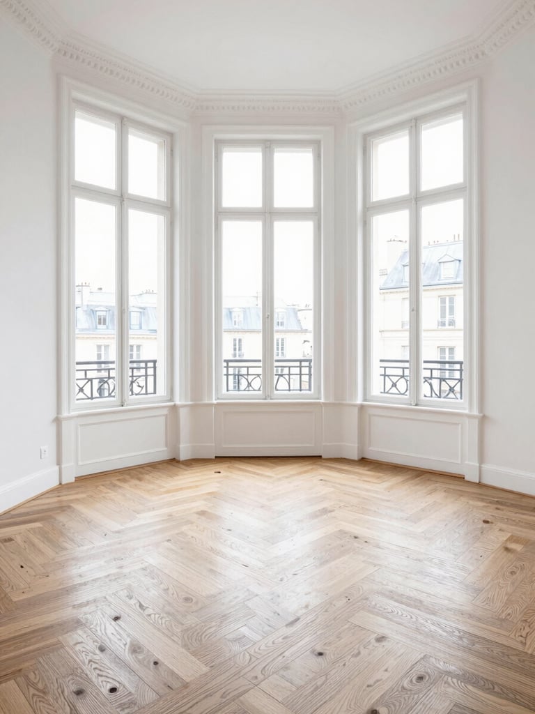 Immaculate classic Parisian apartment with restored oak point de Hongrie parquet flooring, bright daylight streaming through tall windows, white walls