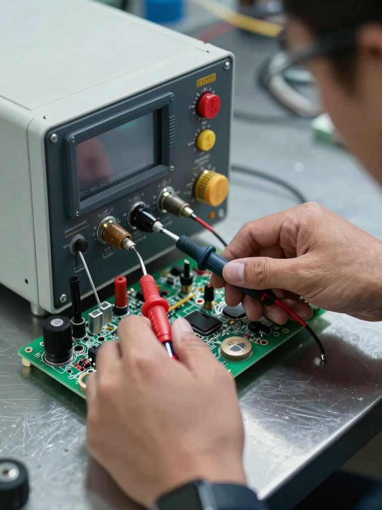 Close-up of a technician's hands connecting diagnostic probes to an appliance control board on a steel workbench, cool overhead light, metallic tool reflections, sharp documentary focus