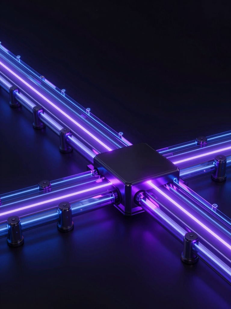 Abstract 3D render of a secure glowing data pipeline with laser lines, high-contrast dark ambient lighting, neon violet accents, octane render