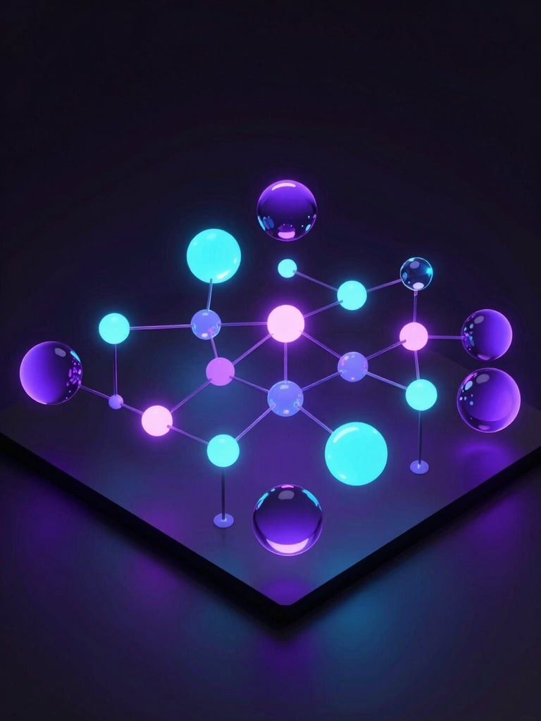 Isometric 3D render of glowing network nodes and abstract glassmorphic spheres, high-contrast dark-room ambient lighting, violet and cyan screen glows