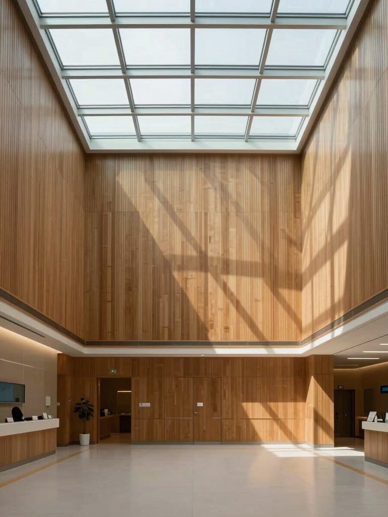 Minimalist modern hospital lobby architecture with high glass ceilings, warm wooden paneling, and soft shadows, reflecting a prestigious and calm medical environment.