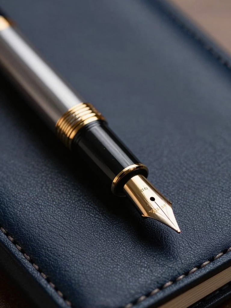 Extreme close-up of a luxury fountain pen resting on a leather portfolio, dark navy background, soft golden light