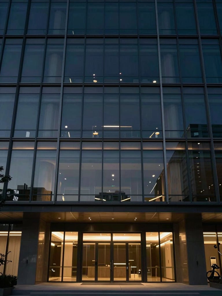 Low-key cinematic lighting on a modern architectural glass facade of a premium medical center at dusk, deep navy shadows, subtle brushed gold highlights, off-center composition.