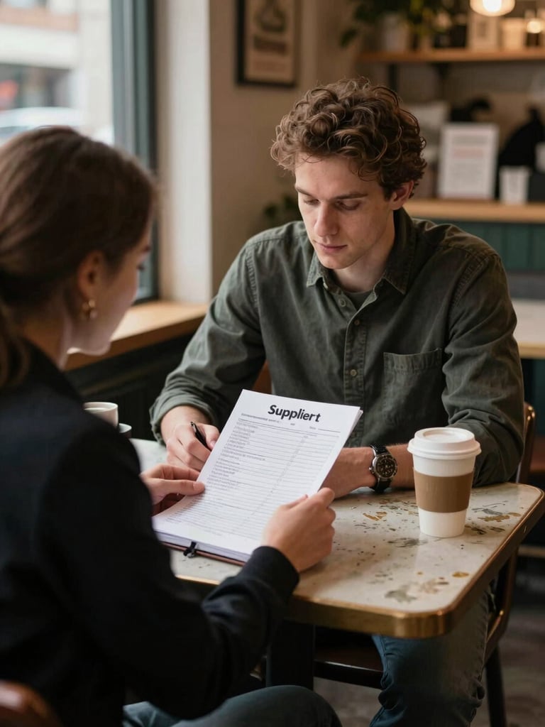 Agency team member seated at a worn cafe table inside a market, notebook open, reviewing printed supplier list beside a half-drunk coffee, natural window light from the left, market shelving visible softly out of focus in the background