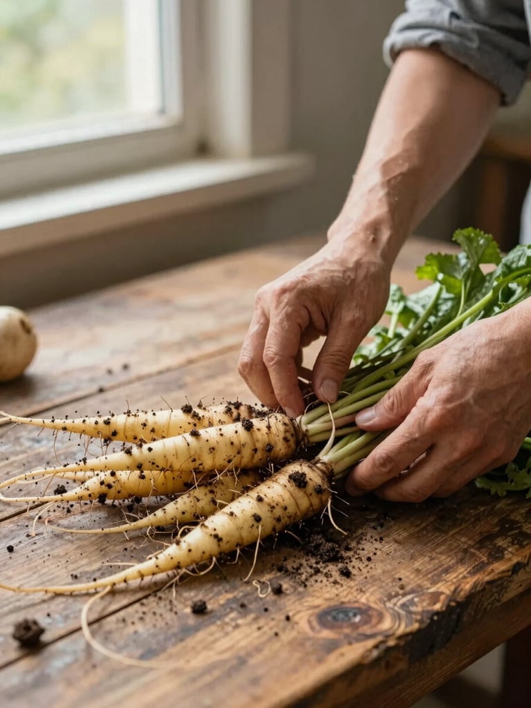 Close-up of two pairs of hands sorting freshly harvested root vegetables on a weathered wooden farm table, natural daylight from a side window, soil still visible on the roots, one hand mid-motion placing a bunch to the left