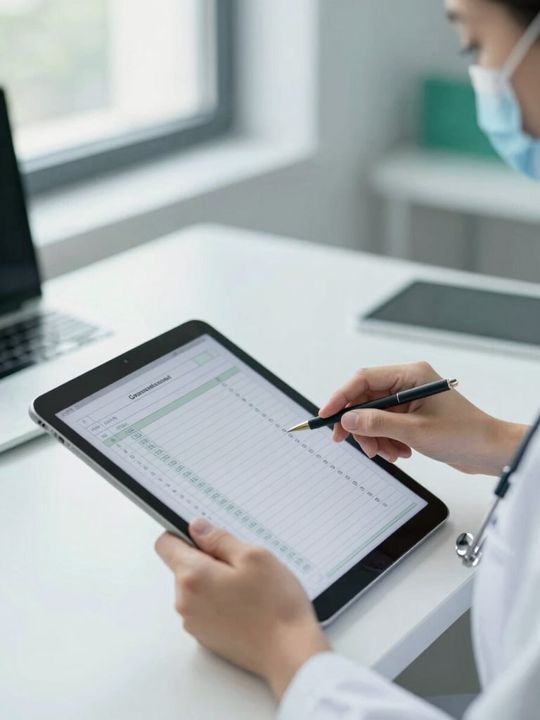 Close-up of a medical practice manager reviewing coding charts on a digital tablet in a bright, modern clinical workspace.