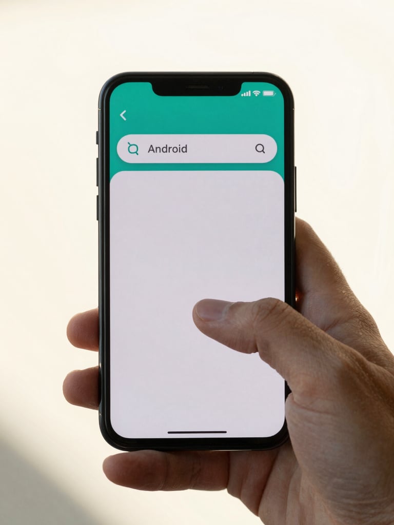 Close-up of a hand holding an Android phone in bright north-facing daylight, thumb mid-tap on a clean teal-accented app interface, phone centered against a warm off-white background, shallow depth of field on fingertip
