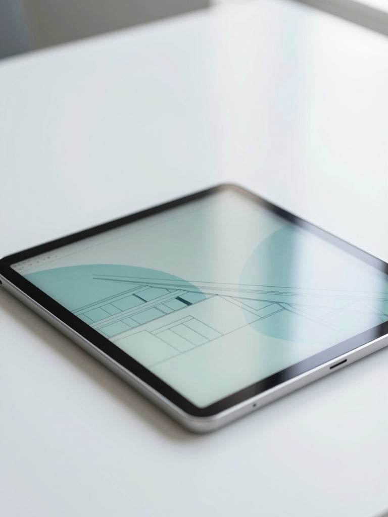 A clean, minimalist workspace with a tablet showing abstract architectural diagrams, bright natural daylight, soft teal tones, shallow depth of field
