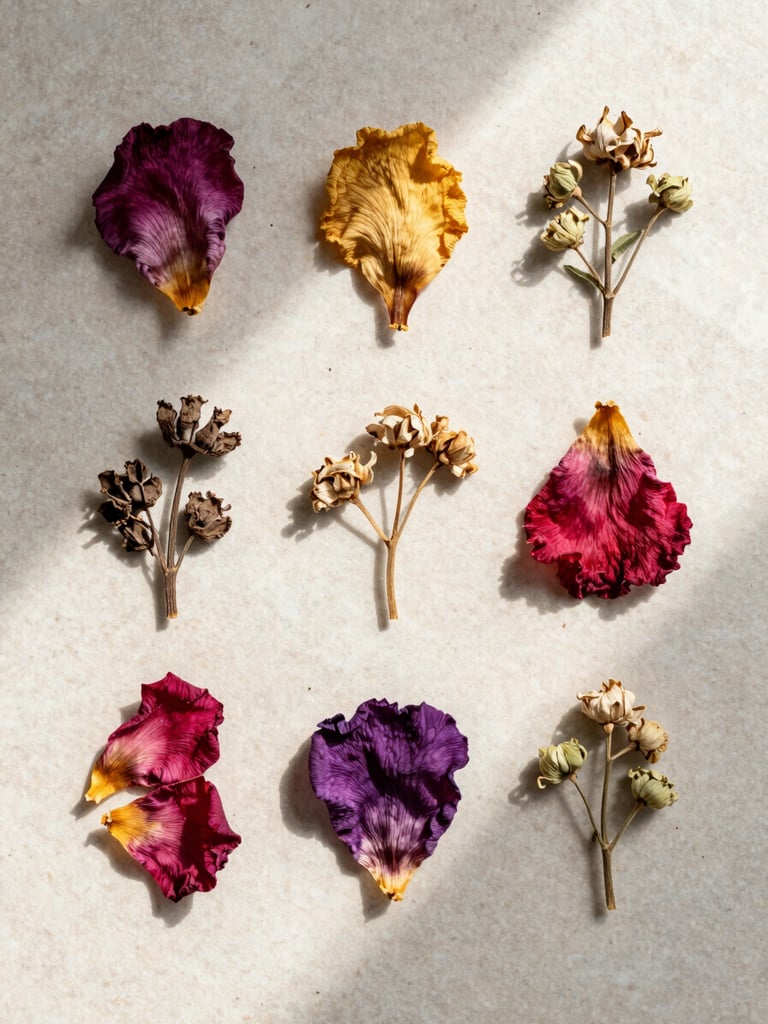 Overhead flat-lay of dried flower petals and raw botanical materials arranged on a pale stone surface, soft diffused north-facing daylight, subtle shadows, no hands, no water, no faces