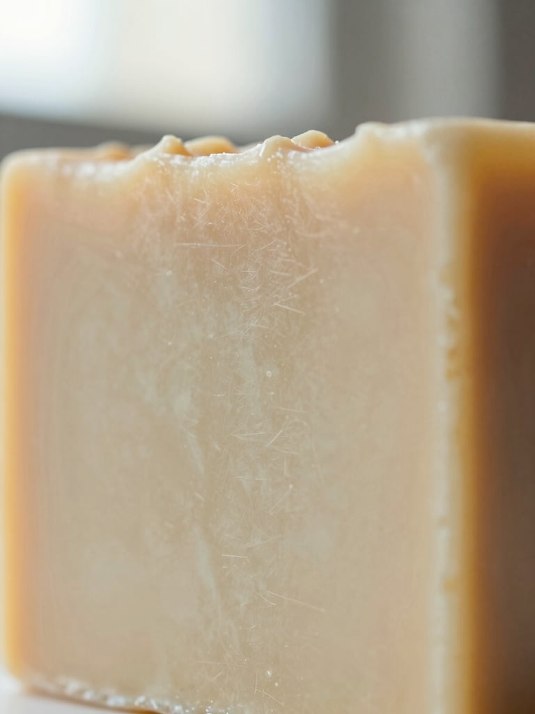 Extreme close-up of a handmade soap bar surface showing fine botanical texture, soft diffused north-facing window light, warm off-white and pale gold tones, no hands, no water