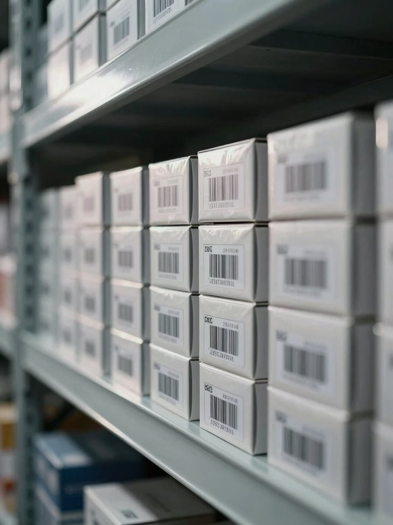 Macro close-up of organized warehouse shelving, foreground shelf holds neatly stacked anti-static component boxes with visible SKU barcode labels, studio strobe lighting from the left creating sharp shadows, cool neutral tone, deep focus, no people