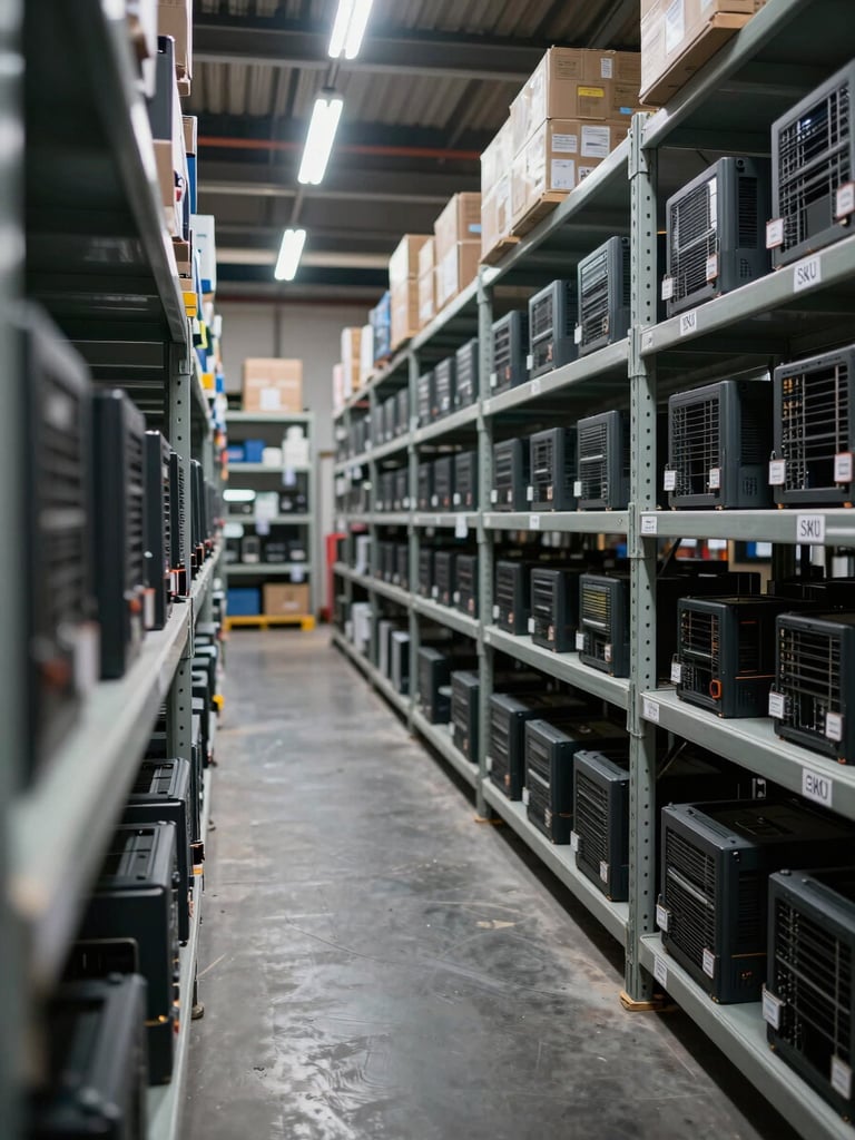 Wide shot inside a computer hardware warehouse, deep rows of metal shelving stacked with boxed components and labeled inventory bins, cool overhead fluorescent lighting casting sharp shadows, foreground shelf edge in focus with SKU labels clearly visible, industrial scale depth of field