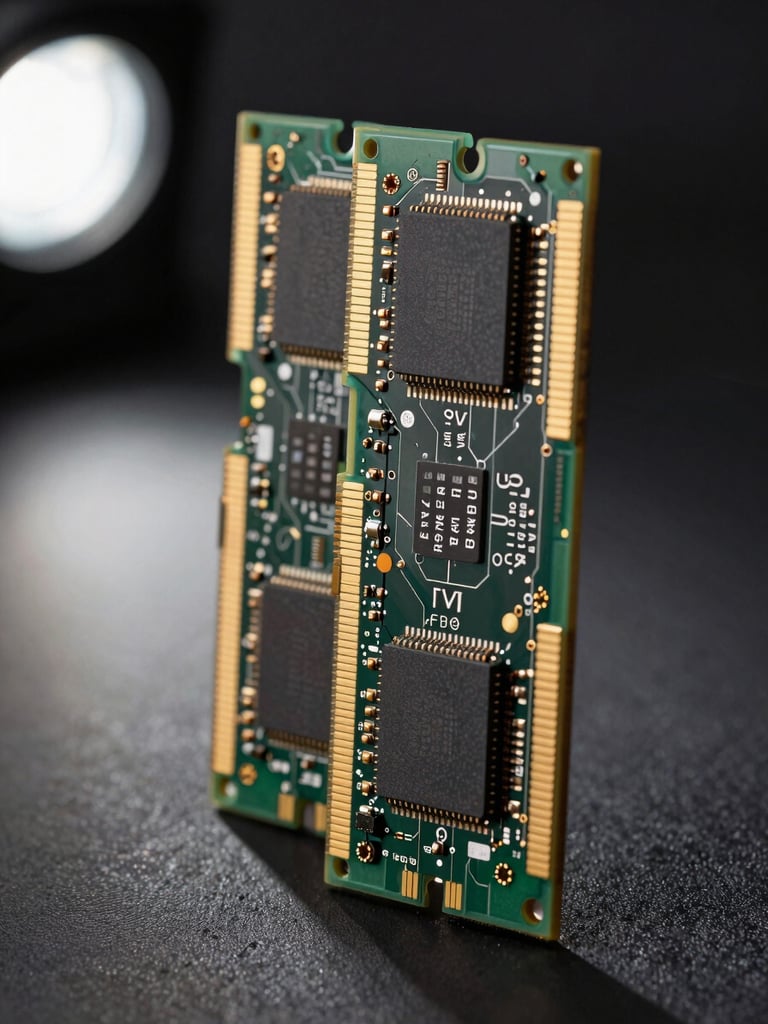 Extreme close-up macro shot of DDR5 DIMM modules standing upright on a dark matte surface, studio strobe lighting from upper-left casting sharp shadows across the gold contact fingers and black PCB traces, shallow depth of field isolating the nearest module's chip markings in crisp focus