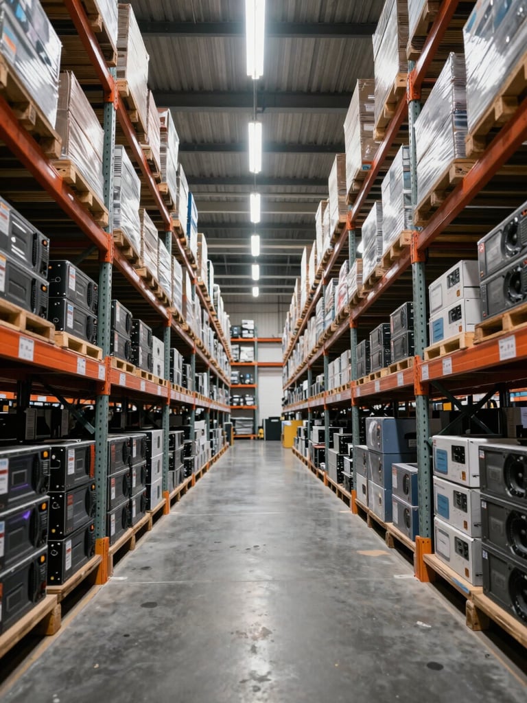 Wide shot of warehouse shelving aisles stocked with boxed computer hardware components, overhead fluorescent lighting casting sharp shadows on organized rows of inventory, shot from a low angle looking down the aisle toward a vanishing point, no people