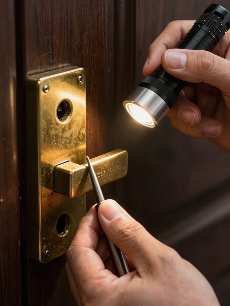 Close-up of a locksmith's skilled hands using specialized non-destructive tools on a brass door lock, illuminated by a warm pocket flashlight, dark background.