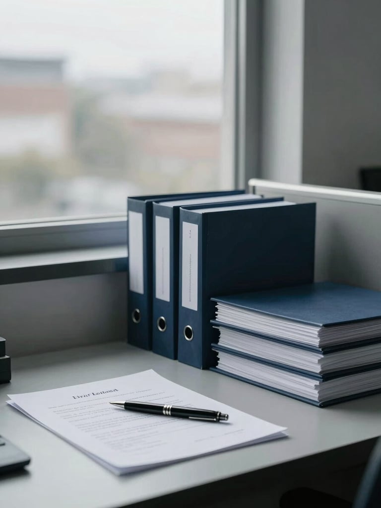 Wide environmental shot of a tidy office workstation under cool overcast window light, organized manila folders stacked to the right, a pen resting on a signed lease document in the foreground, no people visible, muted gray and navy tones