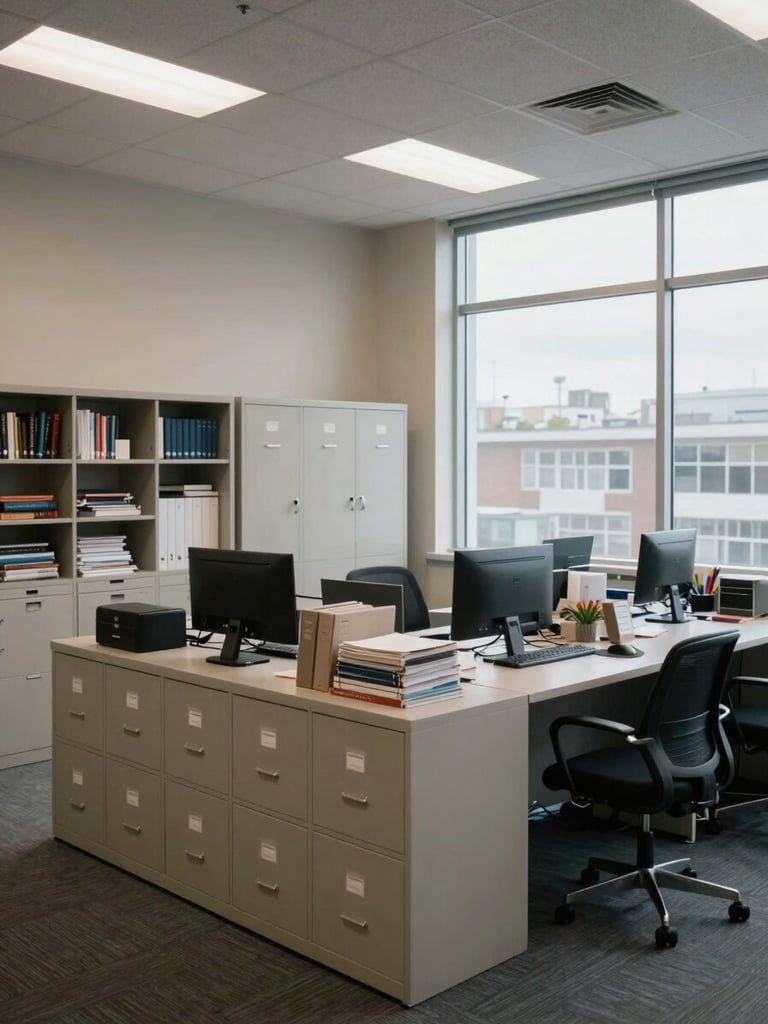Wide shot of a well-lit property management office interior, organized filing cabinets and active work surfaces in the foreground, cool overcast daylight through large windows on the right side, no people visible, clean institutional environment
