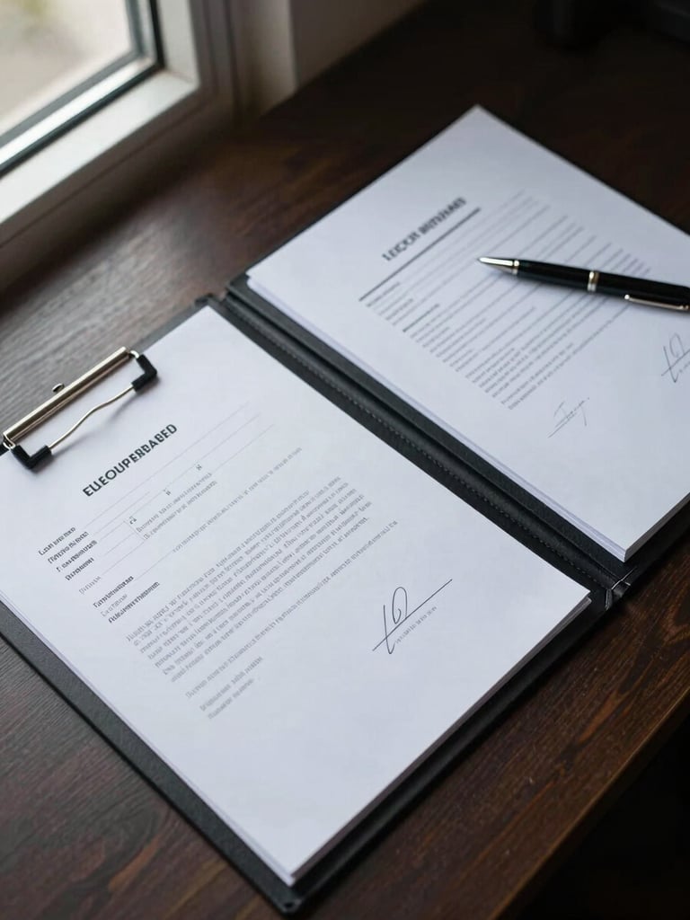 Close overhead shot of an open property file folder on a desk, signed lease documents visible, a pen resting on the papers, cool office window light from the left, organized and precise