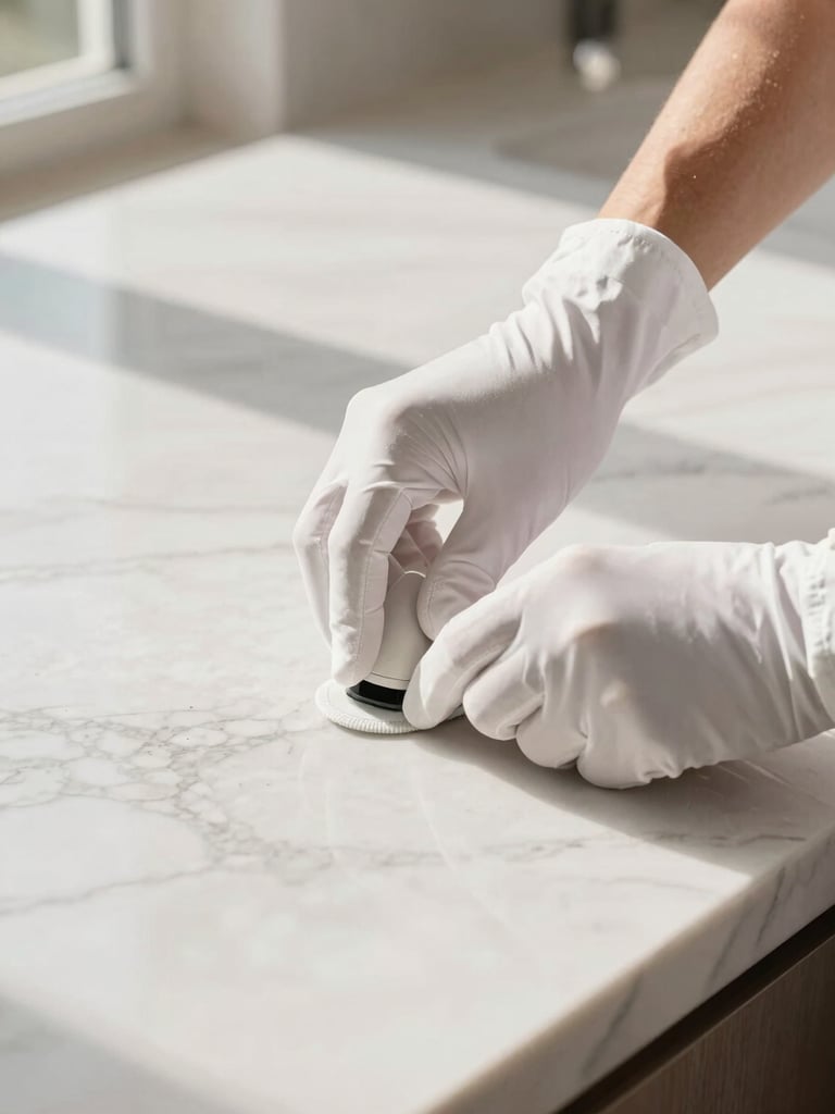 Primer plano de manos profesionales con guantes blancos puliendo una superficie de mármol, luz natural brillante, enfoque en el detalle y la textura, estética de alta gama, 35mm.