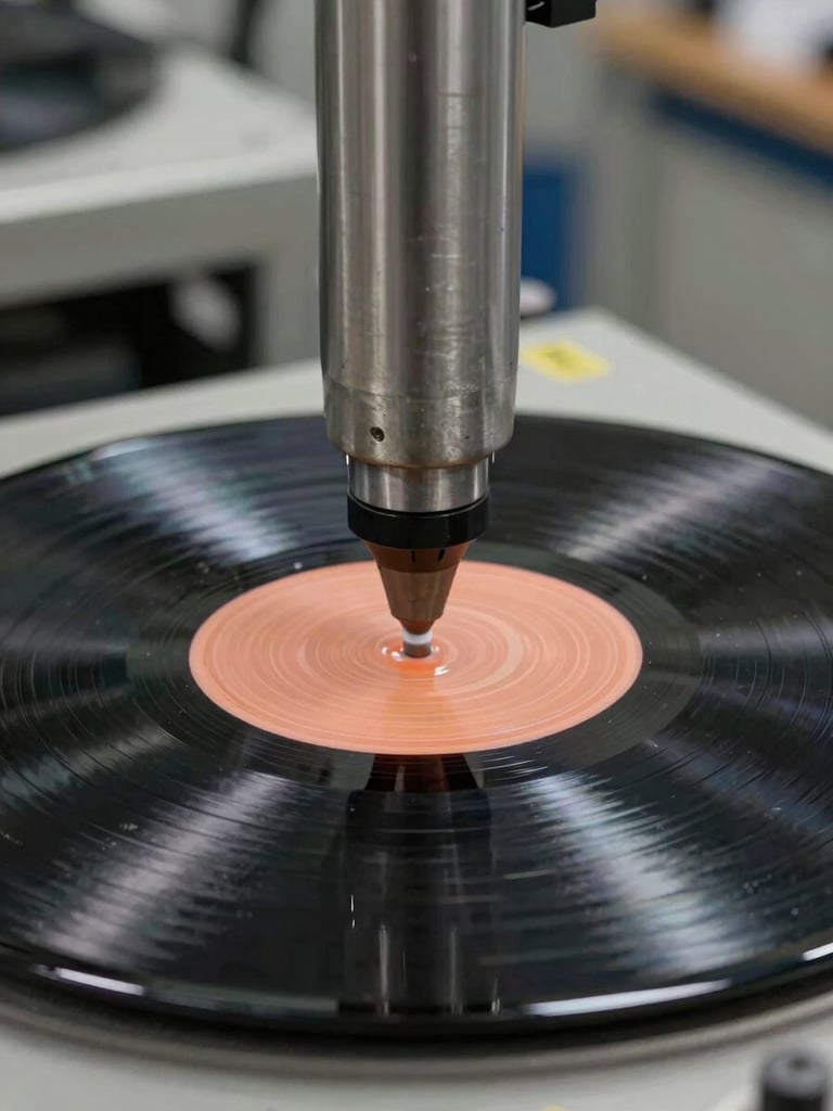 Extreme close-up of a vinyl record being pressed in a manufacturing facility, metal stamper descending onto black PVC, harsh factory lighting, no branding visible