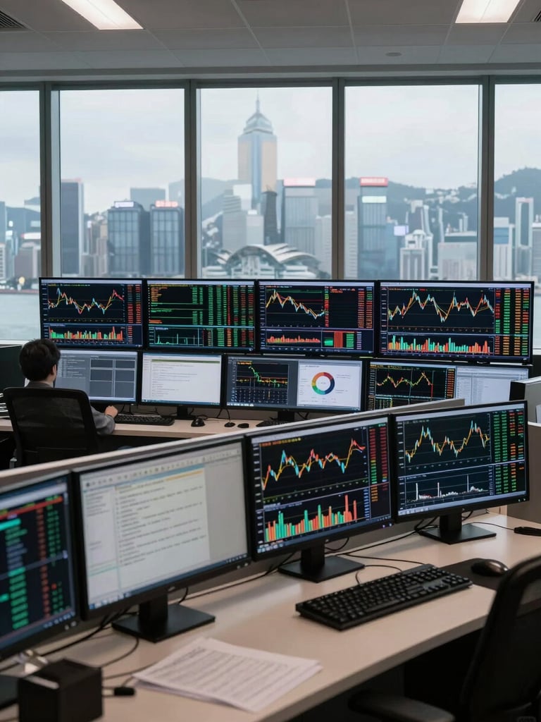 Wide environmental shot of a financial trading control room, multiple monitors displaying dense real-time data dashboards and capital flow charts, cool daylight from floor-to-ceiling windows overlooking Hong Kong's financial district, high contrast, no people visible