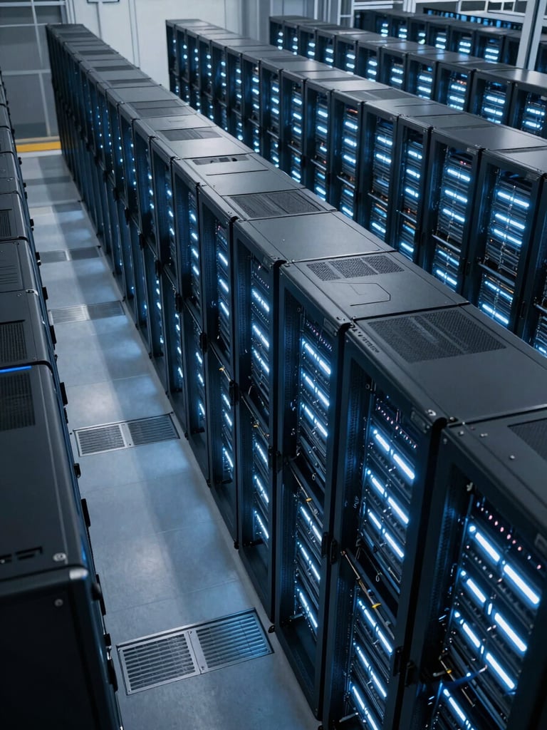 Wide panoramic overhead view of a server infrastructure floor, rows of illuminated rack servers receding into the distance, cool blue-white ambient lighting, high contrast, no people visible, precise architectural symmetry